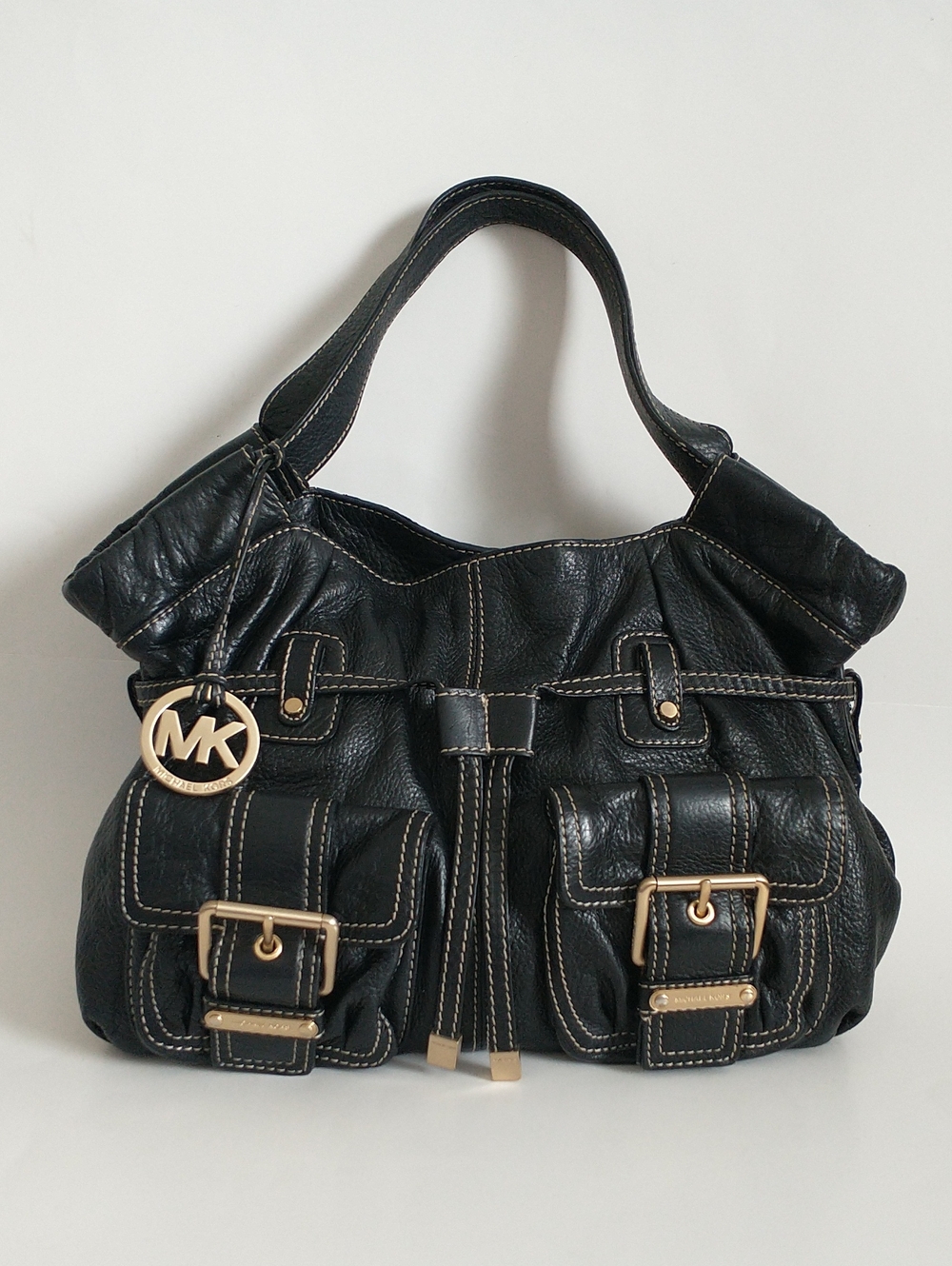 Michael Kors Black Leather Shoulder Tote with Gold-Tone Accents